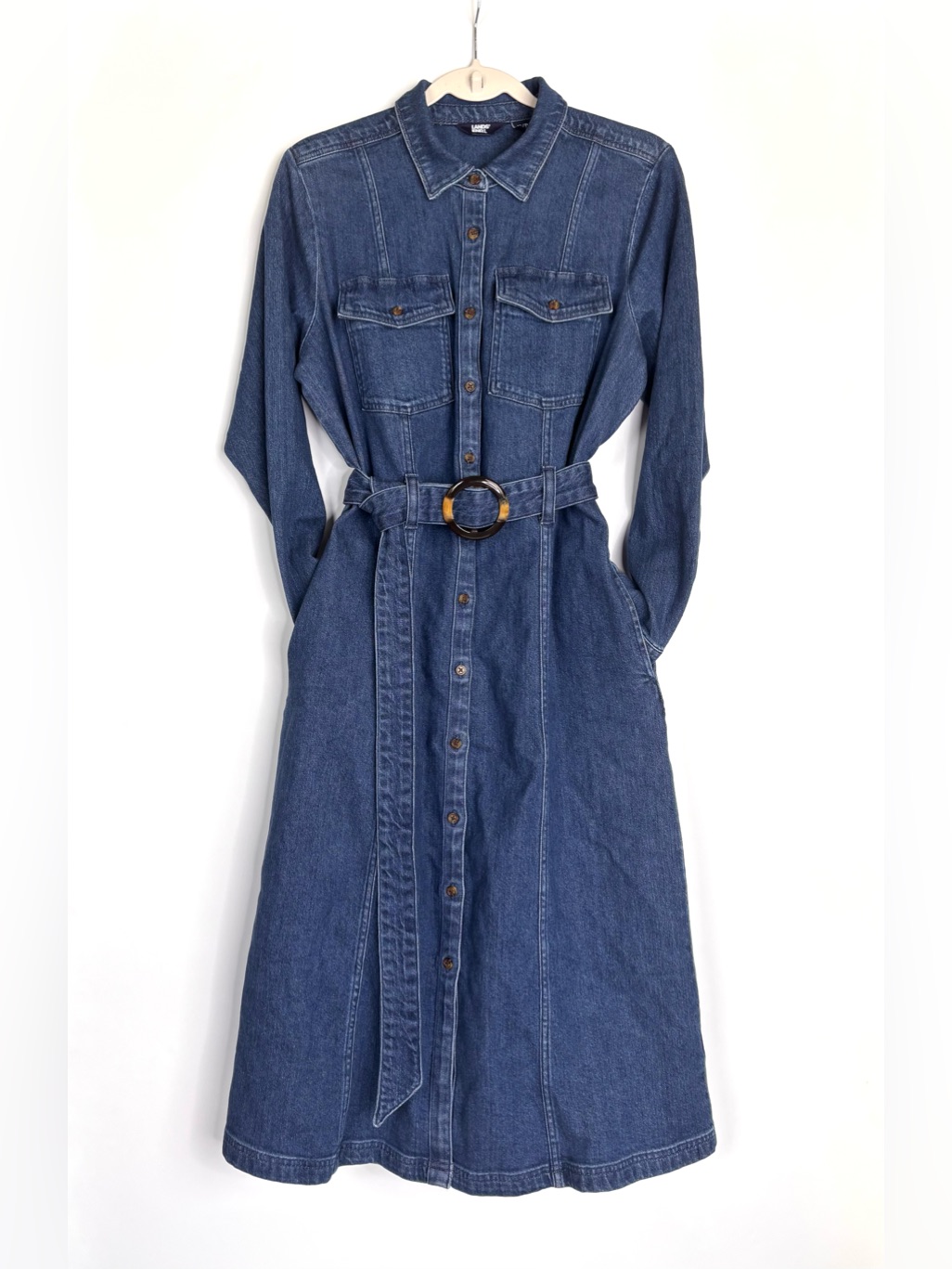 Lands' End Blue Denim Long-Sleeve Button Front Midi Shirt Dress With Ring Belt